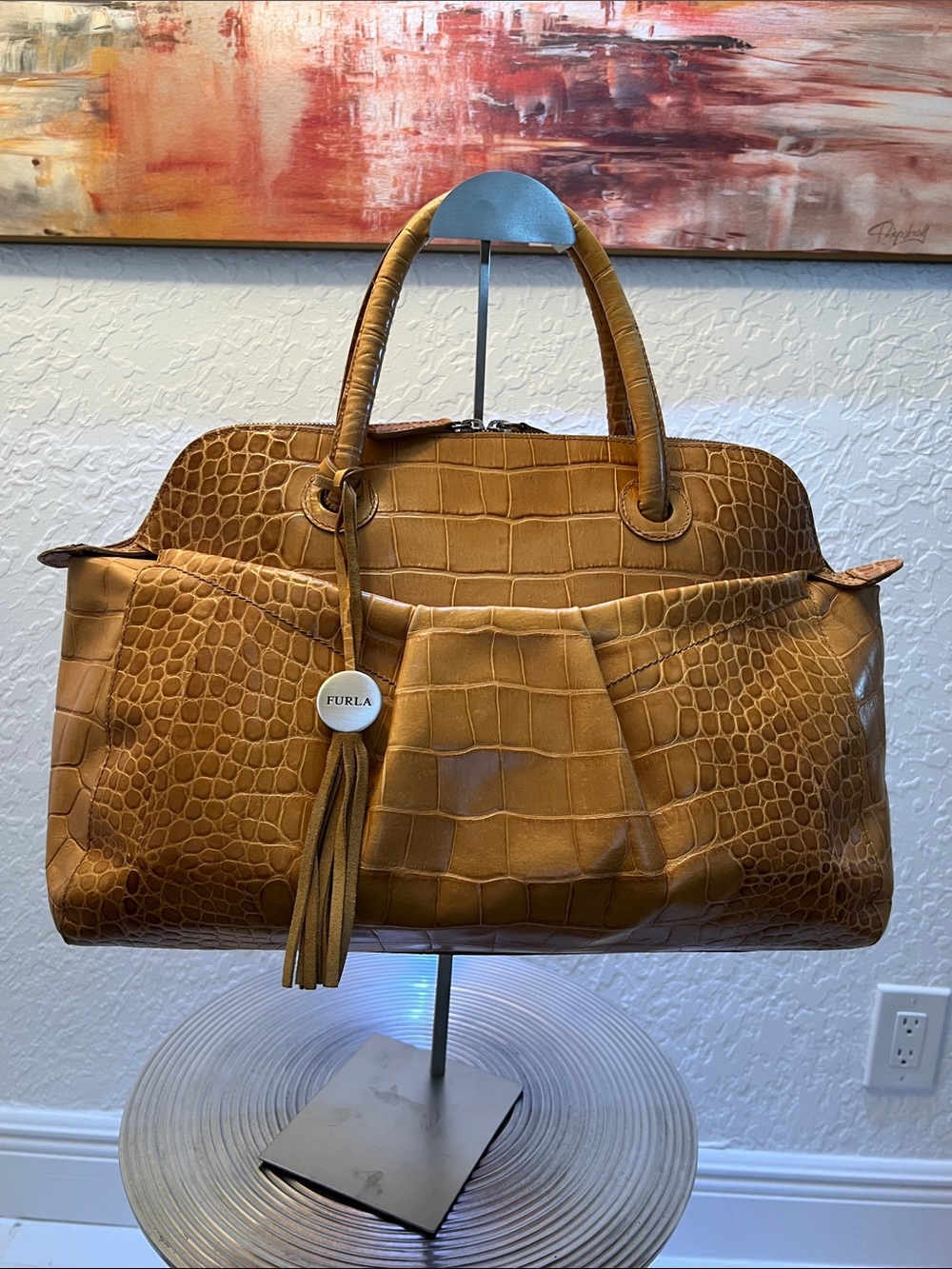 FURLA AUTHENTIC VINTAGE Y25 GLAZED BUTTERSCOTCH CROC EMBOSSED STRUCTURED SATCHEL